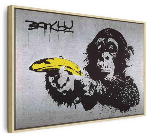 B&D XXL - Leinwandbild Affe bananen Pistole, 90x60 cm, Schlafzimmer, modern | Hochwertige Leinwand, sofort aufhängbar, ideal fürs Wohn- oder Schlafzimmer, wasserfest und lichtecht, langlebig, stilvoll