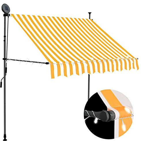 ShCuShan Tenda da Sole Retrattile Manuale LED 150 cm Bianca e Arancione,Tenda da Sole per Esterno Avvolgibile, Tenda da Sole a Bracci Estensibili con Telaio in Alluminio, Tettuccio Resistente al Sole