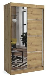 Brent - Kleiderschrank mit Spiegel Tom, 100cm Breit, Schlafzimmerschrank mit 1 Kleiderstange und Einlegeböden für Kleidung, Kleiderschrank Artisan Eiche