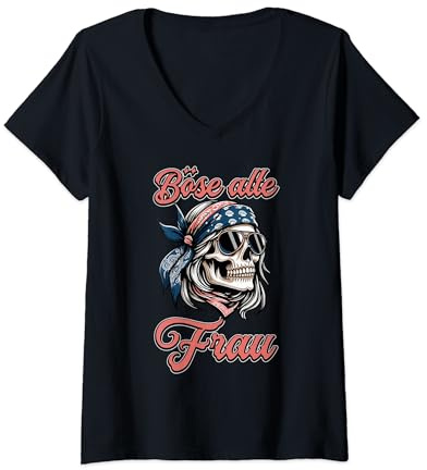 Damen Böser Alter FrauTotenkopf mit Bandana Skull Frau T-Shirt mit V-Ausschnitt
