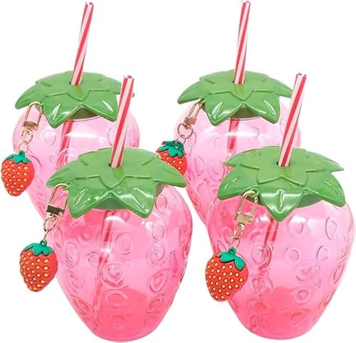 AMJKEJI 4 Stück Trinkbecher Plastik mit Deckel und Strohhalm 500ml Erdbeerbecher Kawaii Tumbler Tasse Milchbecher Whiskeygläser Eiskaffee Gläser für Zuhause, Büro, Schule, Bars, Wiederverwendbar