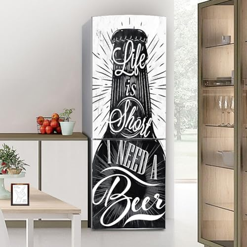 Fridge Wraps Kitchen Fridge Stickers Cover Full Doors, Fridge Sticker Full Covering Door Fridge Covers Skins wall Stickers for Kitchen Decal, Life Short Beer Black and White