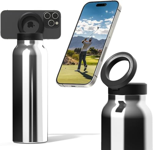 Ringo Bottiglia d'acqua isolata | Compatibile MagSafe con supporto per telefono | Bottiglia d'acqua in acciaio inox con supporto magnetico per treppiede per telefono | Calda 12 ore, freddo 24 ore