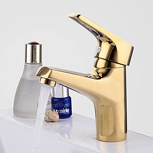 Wasserhahn Bad Waschtischarmatur mit Zugstange Einhebelmischer Wasserhahn Bad mit Auslauf Höhe 8.5 cm Messing Waschbecken Armatur Kaltes und Warmes Wasser für Gäste WC, Badezimmer Chrom Gold