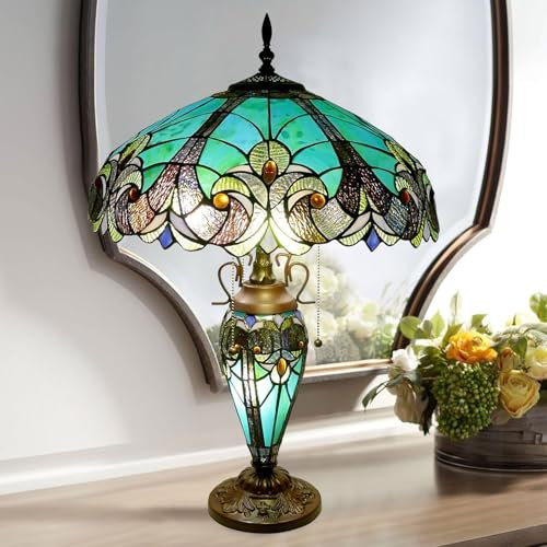 BOTOWI Tiffany Tischlampe mit Nachtlicht 18 Zoll breite handgemachte Buntglaslampe viktorianischer Stil Meer grün Tischleuchte Antik 3 Licht Barock Schreibtischlampe für Zuhause und Büro
