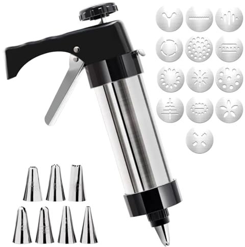 Dyaucwpo Pressa per Biscotti, Biscotti Professionale Pistola Sparabiscotti con 13 Stencil e 8 Beccucci, Pistola per Dolci in Acciaio Inox, Pressa per Pasticceria, Macchina per Biscotti