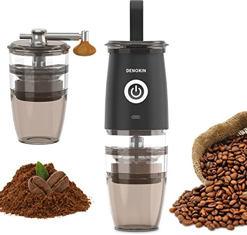 Tragbare Kaffeemühle mit Kegelmahlwerk, elektrische/manuelle 2-in-1-Kaffeebohnenmühle, über USB wiederaufladbare elektrische Mini-Kaffeemühle mit 5 Mahleinstellungen (Original Schwarz)