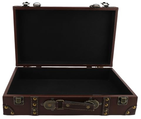 Qcwwy Vintage Wooden Storage Chest, Wooden Leather Decorative Luggage Trunk Portable Decorative Luggage Suitcase Small Stackable Storage Chests for Jewelry Chest Box for Themed Parties