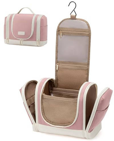 LOVEVOOK Kulturbeutel Zum Aufhängen, Kulturbeutel Damen Groß, Reise Kulturtasche Damen, Kosmetiktasche Zum Aufhängen, Set Mit 10 Fächern Für Den Täglichen Gebrauch Oder Reisen - Rosa Beige