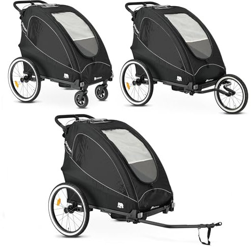 Deryan 3-in-1 Kinderfahrradanhänger und Jogger für 2 Kinder, Multifunktionaler Kinderwagen, Zusammenklappbar, Federung, Verstellbare Schiebestange, Sicherheitsgurte, Reflektoren, Schwarz
