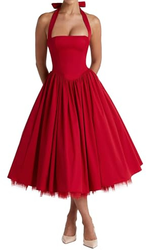 Women Halter Midi Dress Corset Back Layered Tulle Skirt A Line Formal Dresses Wedding Guest Bridal Shower (Red,S)