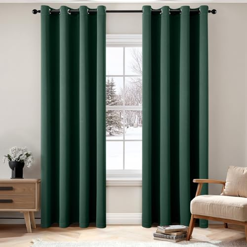 EMEMA Verdunklungsvorhänge mit Ösen 2er Set 140x225cm Dunkelgrün Gardinen | Blickdicht Vorhänge mit Ösen 225CM Lang bdunkelnde Thermovorhang für Wohnzimmer Schlafzimmer Ösenvorhänge H225xB140CM