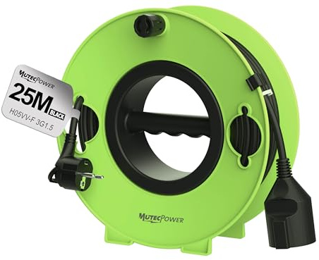 MutecPower enrouleur de câble avec rallonge Schuko de 25 m, prise ultra-plate avec languette rabattable, H05VV-F 3G1.5, 16A/250V, IP20 pour intérieur – vert, portable, enroulable et montable au mur