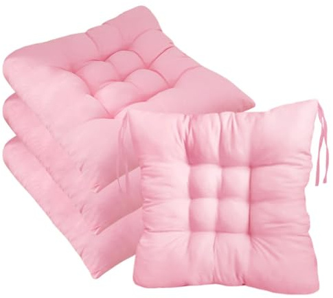 HUAMIAN 4 Pack Outdoor Seat Cushions with Secure Tie Straps, 40x40cm Non-Slip Durable Chair Pads, Vibrant Pure Colour Cotton Soft Chair Cushions Pads for Dining, Kitchen, Patio & Garden Chairs (pink)