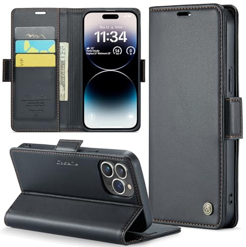 Rerzoiro fodral för iPhone 14 Pro, premium PU-läder telefonfodral med RFID-blockering, ställ, kortplats, magnetiskt skydd, flip bok plånboksfodral för iPhone 14 Pro, Svart