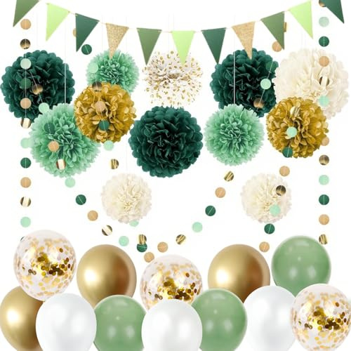 Geburtstagsdeko Grün Partydeko Set 26 Stück, Seidenpapier Pompons Deko mit Grüne Girlande Luftballons Party Deko für Geburtstagsdeko Mann Frauen Hochzeitsdeko Dschungel Gartenparty Sommer Dekoration