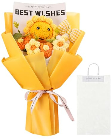 Orizizhic Handmade Crochet Flower Bouquet, Knitted Sunflower Smile Bouquet with Gift Bag Artificial Floral for DIY Home Decoration Mother’s Day Birthday, Valentine's Day Graduation