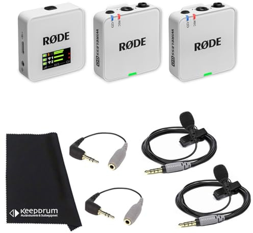 Rode Système de microphone sans fil GO Gen 3, 2 canaux, blanc, avec 2 microphones à clipser Smartlav+, 2 adaptateurs SC3 et chiffon Keepdrum