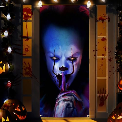 Shyllin Decoración de Puerta de Halloween,180 × 90 cm,Payaso Fantasma, Decoración de Halloween de Terror Aterrador,para Porche,Fiesta,Decoración de Pared