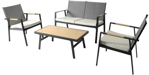 RANSENERS Premium Gartenmöbelset mit Sitzpolster - inkl. 2 Stühle Gartenbank Tisch - Aluminium Rahmen und Polyrattan Sitzfläche für Innen und Außen