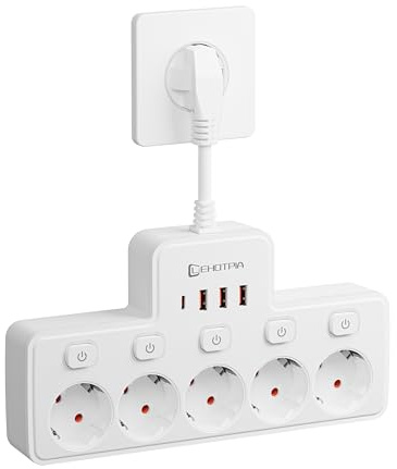 LEHOTPIA Enchufes de 5 vías, extensión de enchufe, compartimento de 2500 W, regleta, USB de 10 A, enchufe múltiple, regleta con 3 puertos USB y 1 puerto USB-C para oficina, hogar y viajes (blanco)