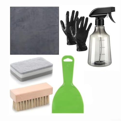 Kit de nettoyage 7 pièces pour pierre tombale, avec chiffon en microfibre, brosse à poils, flacon pulvérisateur, gants, éponge et grattoir conçu pour un retrait sûr et efficace des débris de pierre