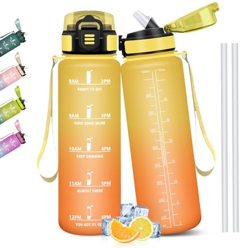 Mulbijeo Gourde 1l, Étanches, Gourde Avec Paille, Sans BPA & Réutilisable, Motivation Bouteille d'eau, Avec Marqueur de Temps, Bouteille Sport pour Gym, Ecole, Cyclisme, Plein air, Sport