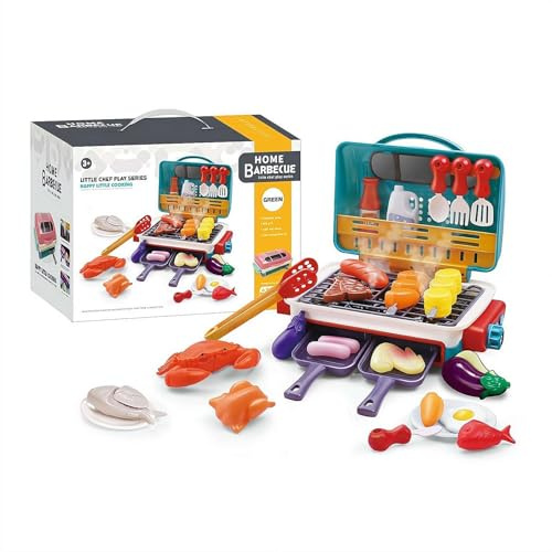 35 Pcs Kids BBQ Toy Grill Playset, Kitchen Playset with Lights & Sounds, Children's Kitchen Toys, Role Play Kitchen Accessories, Christmas Birthday Gift for Boys & Girls Ages 4-8 (Blue)