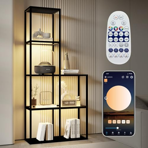 Glasvitrine mit LED Beleuchtung, Dimmbar Glas Vitrinenschrank instellbare Farbtemperaturen und Helligkeit, 5-stufige Glas-Holzvitrine Sammlervitrine für Wohnzimmer Schlafzimmer Büro, 78 x 30 x 168cm