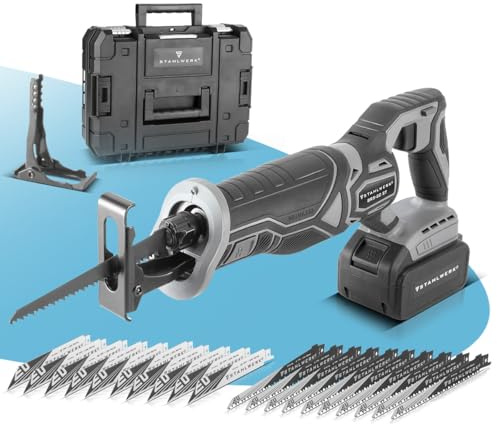 STAHLWERK Scie sabre sans fil Brushless – Scie universelle 20 V, longueur de course 28 mm, batterie lithium-ion 4 Ah, 20 lames de rechange (10 x bois, 10 x métal), prise de serrage rapide, vitesse de