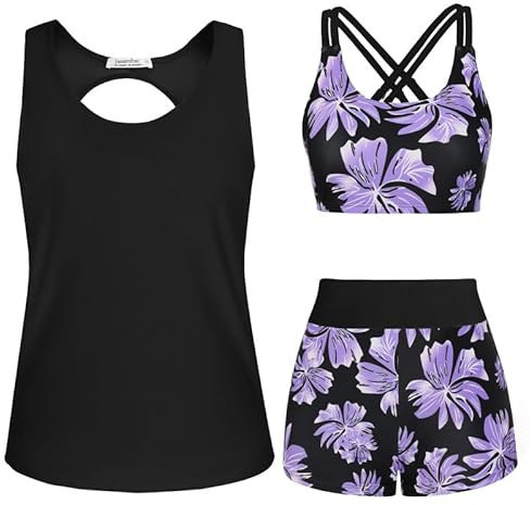 JASAMBAC 3 Piece Tankini Swimsuit for Women Swimwear Tank Top with Bikini Top Boyshort Set