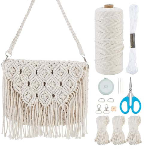 WEBEEDY DIY Handtaschen Makramee Set Für Erwachsene Anfänger Boho Quasten Handtasche Tasche Bastelset Mit Video Anleitung 3mm Makramee Schnur Handgemachte Tasche Für Frauen,20x27cm