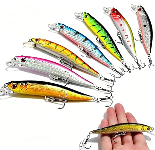 7 Pcs 3D Lifelike Fishing Lures, Topwater Fishing Bait, Laser Scales, Built-in Rattles & Treble Hooks, Anti Escape Salt/Fresh Swimbait for Bass, Trout, Walleye, Pike, for New & Pro Anglers