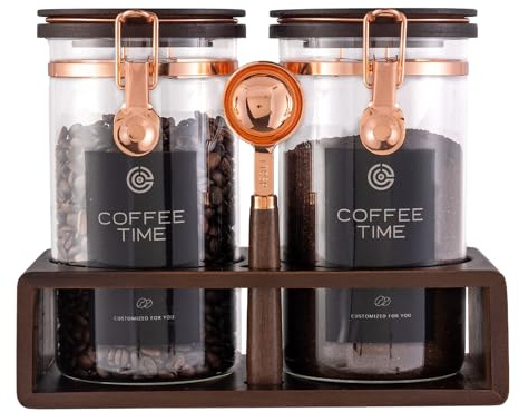 Flmeyaza Glass Coffee & Sugar Canister Set, 2×45OZ Airtight Glass Storage Jars with Wooden Shelf and Scoop, Airtight Food Containers for Coffee Beans, Ground Coffee, Sugar and Tea（Rose Gold）
