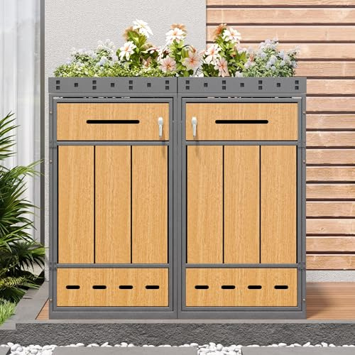 Contenedor de basura con techo para plantas de 120 – 240 litros, resistente a la intemperie y armario para contenedores de basura para jardín, terraza