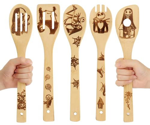 Nightmare Before Christmas Gifts – 5 cucchiai in legno per cucinare, set di utensili da cucina per Halloween, set di utensili da cucina per decorazioni di Halloween
