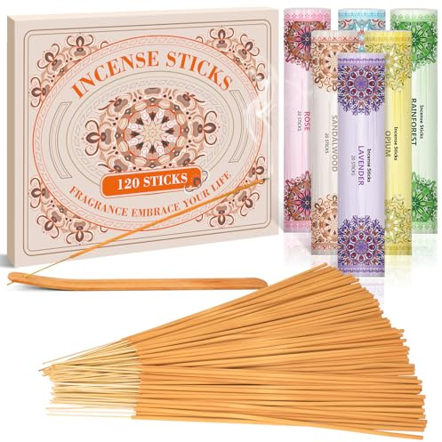 SCENTORINI Encens - Assortiment de Parfums, Lavande, Rose, Bois de Santal, Forêt Tropicale, Ambre Musc avec Support de Bâtons d'Encens