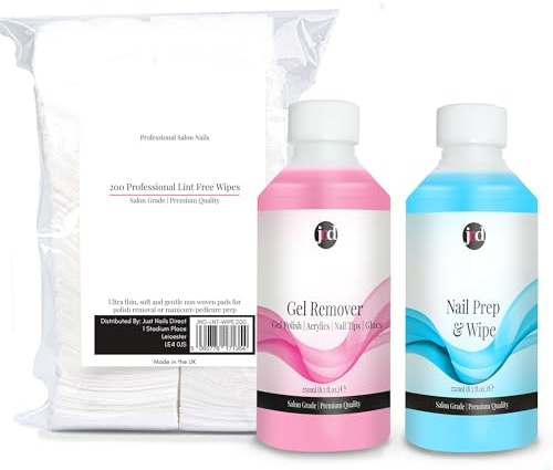 JND Nail Prep Wipe (Sanitises Nail Plate & Removers Tacky Layer) & Gel Remover (Fast Action Nail Polish, Gels, Acrylics, Tips, and Glue Remover) (2x 250ml + 200 Lint Free Wipes)