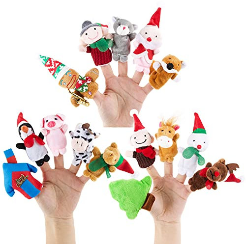 15 Stück Weihnachten Fingerpuppen Set Plüschtier Stoff Puppen mit Weihnachtsmann Schneemann Pfefferkuchenmann Tiere und Andere Verschiedene Muster Handpuppe für Weihnachten Mitgebsel Geschenk usw.