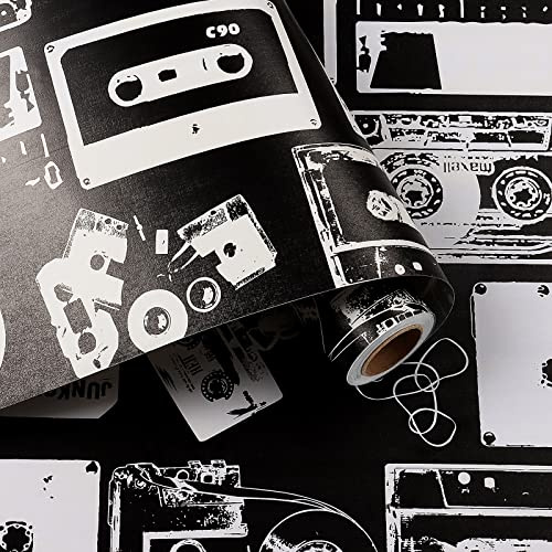 HelloWall 17.7x80 Vintage Wallpaper Peel and Stick Retro Black and White Wallpaper for Bathroom Accent Wall Paper Waterproof Videotape Self Adhesive Removable Black White Contact Paper for Bookcase
