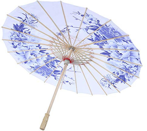 Greensen Oriental Parasol, Blossom Pattern Folding Oiled Paper Umbrella, Rainproof Handmade Oiled Paper Umbrella Windproof, Chinese Classical Dance Umbrella(Blue chinoiserie)