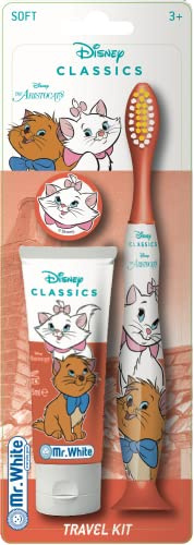 Aristocats - Kit da viaggio per l'igiene orale, contiene dentifricio e spazzolino da denti al gusto di fragola, con tappo di protezione, ventosa, manico comodo e setole morbide per bambini