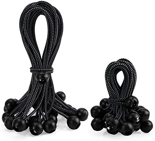 Belle Vous 50 Pack of Black Heavy-Duty Bungee Cord Balls - 2 Sizes - Elastic Strap Ties - Adjustable Tie-Down Cords for Tarpaulin, Camping, Tents, Cargo, Flags, Shelter/Gazebo, Canopy & More