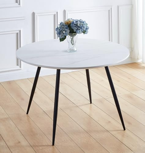 Hallowood Furniture Cullompton Large Marble Effect Top White Dining Table | White Marble Effect Top Round Table with Black Metal Legs, 4-6 Seater Table for Dining Rooms, Kitchens, Restaurants or Cafés