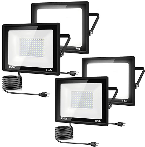 4Pack LED Flood Light Outdoor,150W LED Work Light 15500lm with 6FT US Plug,IP66 Waterproof Exterior Security Lights,6000K Daylight White Outside Floodlights Slim Design for Playground Yard