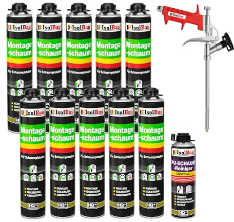 Isolbau Bauschaum-Set - Inkl. 10 x 1K Montageschaum B2 Pistolenschaum mit hervorragender Schall und Wärmedämmung (je 750 ml), 1 x PU-Schaum-Reiniger (500 ml) & 1 x Schaumpistole, Abdichten