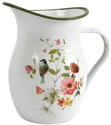 Z&Z ornamentorum Emaillekanne Kleine Vasen Vintage Metall Blumenvase Milchkännchen Vase Blumen und Vögel für Blumen Rustikale Vase Small Rustic Vases Flower Pitcher