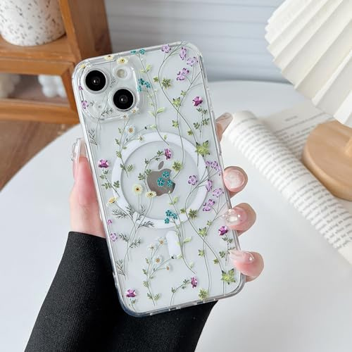 RALEAVO für iPhone 15 Magnetisch Hülle Niedlich Blumen, Branch | Für iPhone 15 Kompatibel mit MagSafe Hülle, Stark Magnetisch Fester Hard-PC Klar Hülle Stoßfest Schutzhülle