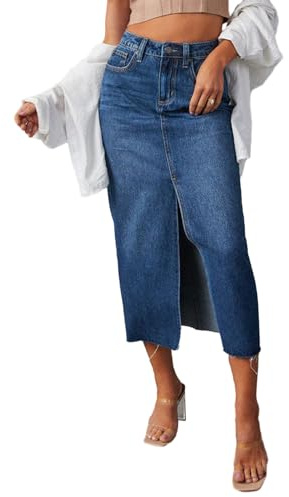 HodJIU - Falda de mezclilla larga dividida para mujer, falda vaquera ajustada, extensible, de cintura alta, vintage, Streetwear, azul, M