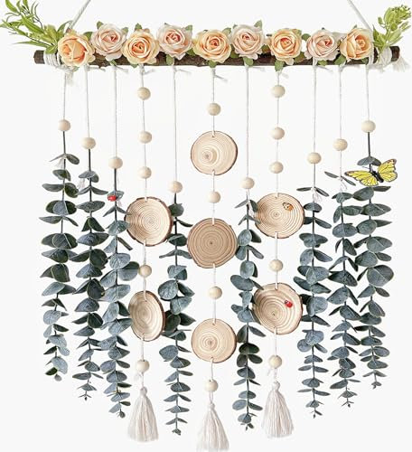 KetosKun Künstliche Eukalyptusblumen, Wanddekoration, handgefertigt, Makramee, Boho, Wandbehang, Grünpflanzen mit natürlichem Holzstab, realistische Blumen und Blätter